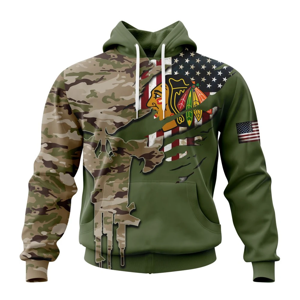 Chicago Blackhawks Special Camo Skull Design All Over Print Hoodie Style 35583