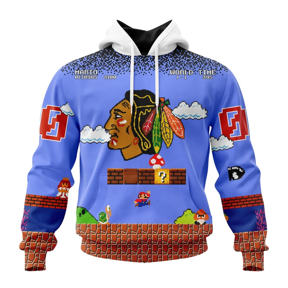 Chicago Blackhawks Special Kits With Super Mario Game Design All Over Print Hoodie Style 98543