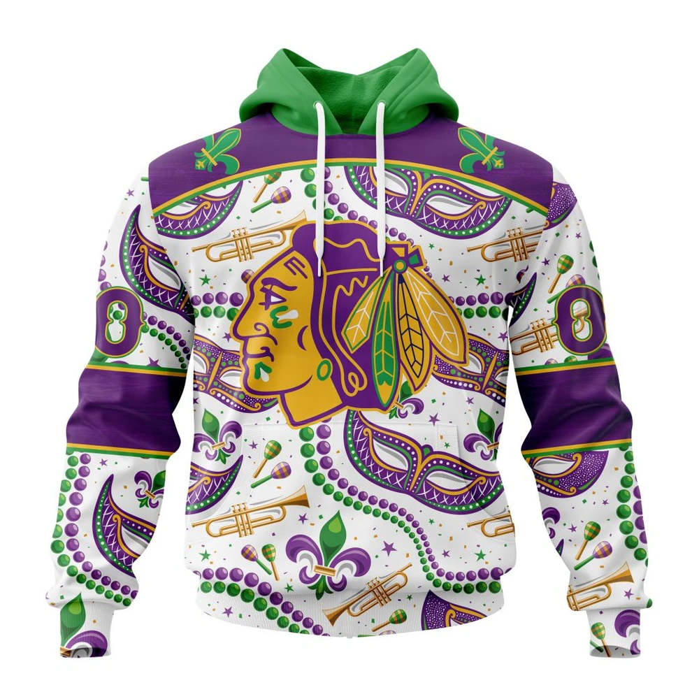 Chicago Blackhawks Special Mardi Gras Design All Over Print Hoodie Style 48411