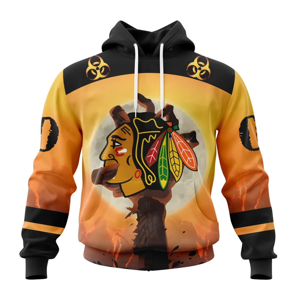 Chicago Blackhawks Special Zombie Design For Halloween All Over Print Hoodie Style 73225