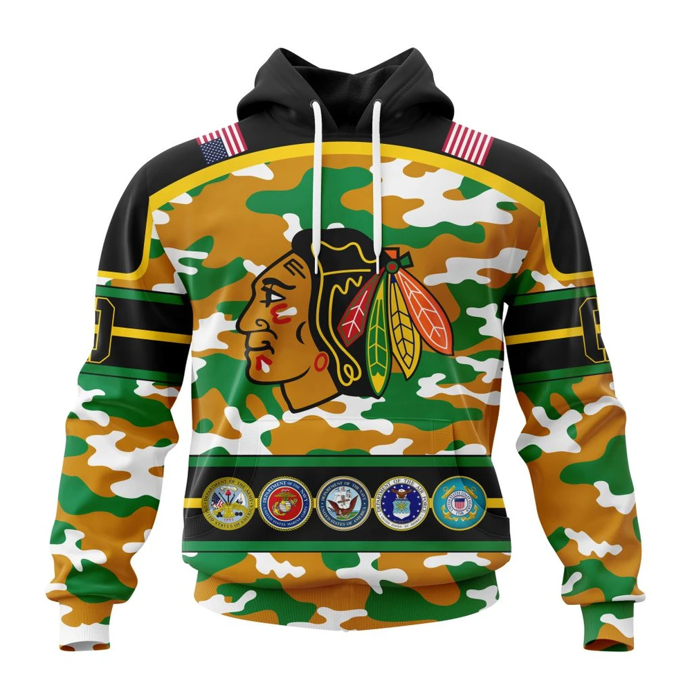 Chicago Blackhawks Specialized Design Wih Camo Team Color And Military Force Logo All Over Print Hoodie Style 54492