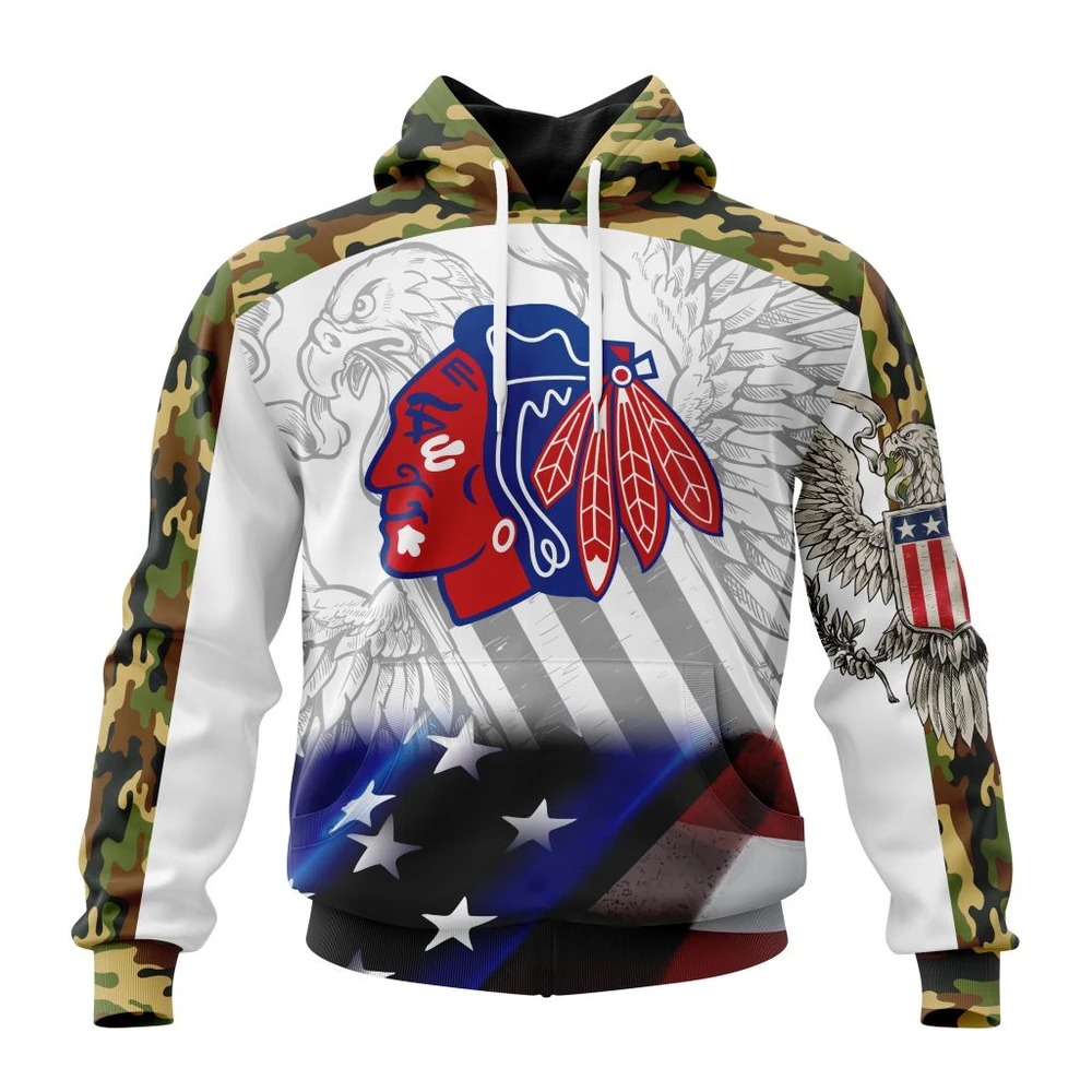 Chicago Blackhawks Specialized Design With Our America Flag And Our America Eagle All Over Print Hoodie Style 25760