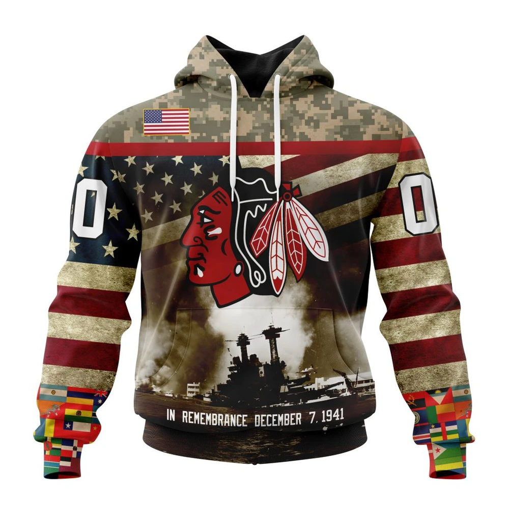 Chicago Blackhawks Specialized Unisex Kits Remember Pearl Harbor All Over Print Hoodie Style 95813