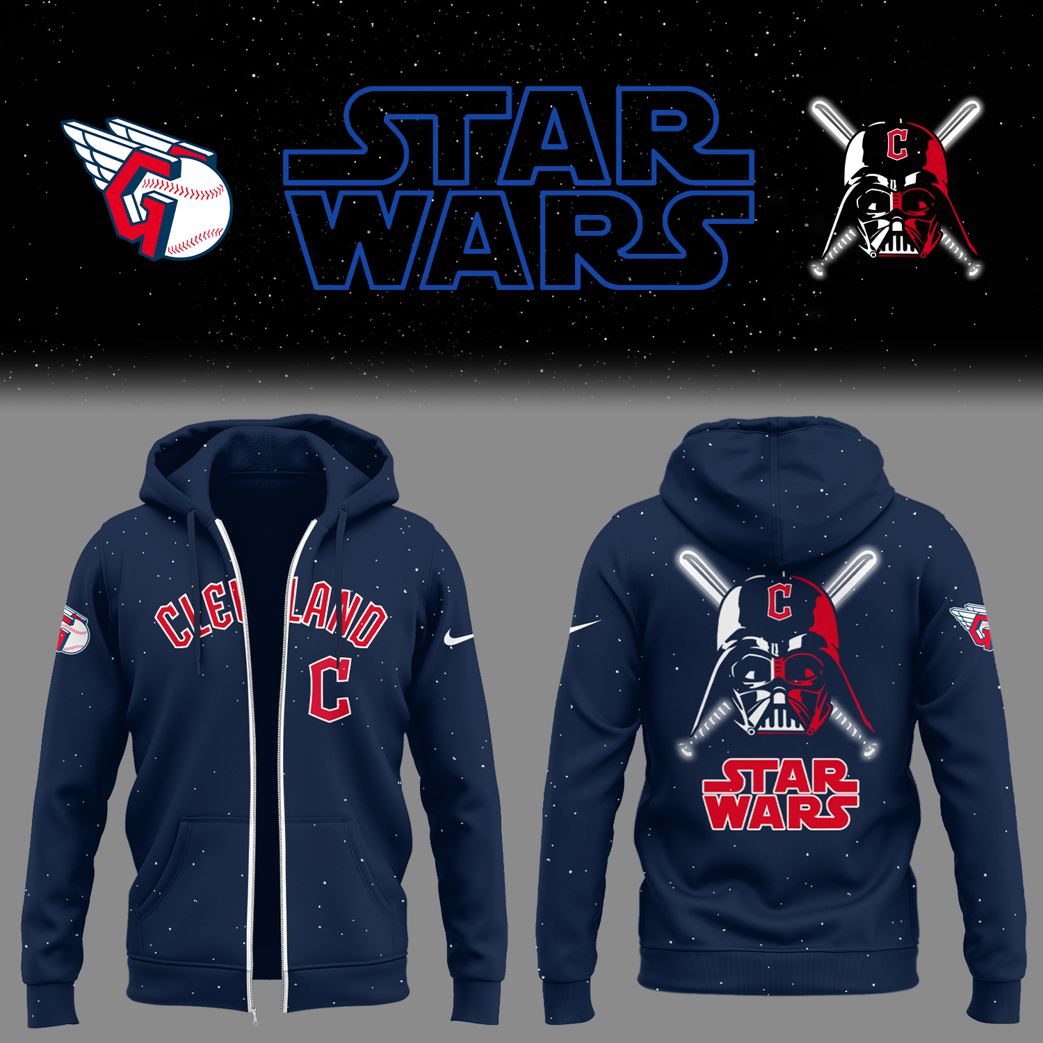 Cleveland Baseball Cleveland x Star Wars 2025 Navy Zip Hoodie Best Baseball Gifts Ideas