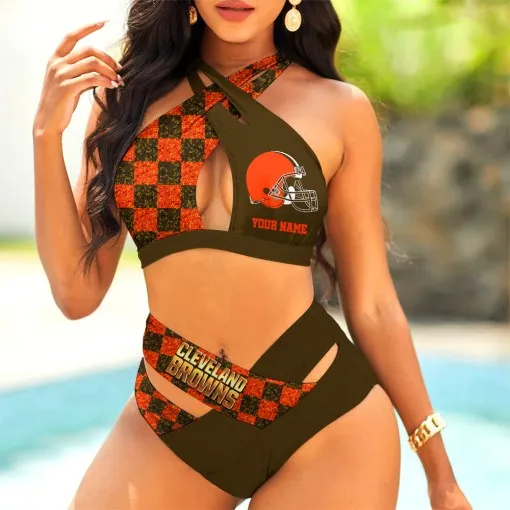 Cleveland Browns Womens 2Pcs Bikini Swimsuit Criss Cross Cutout Bathing Suit St9732