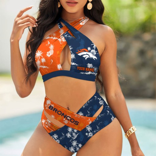 Denver Broncos Womens 2Pcs Bikini Swimsuit Criss Cross Cutout Bathing Suit St8298