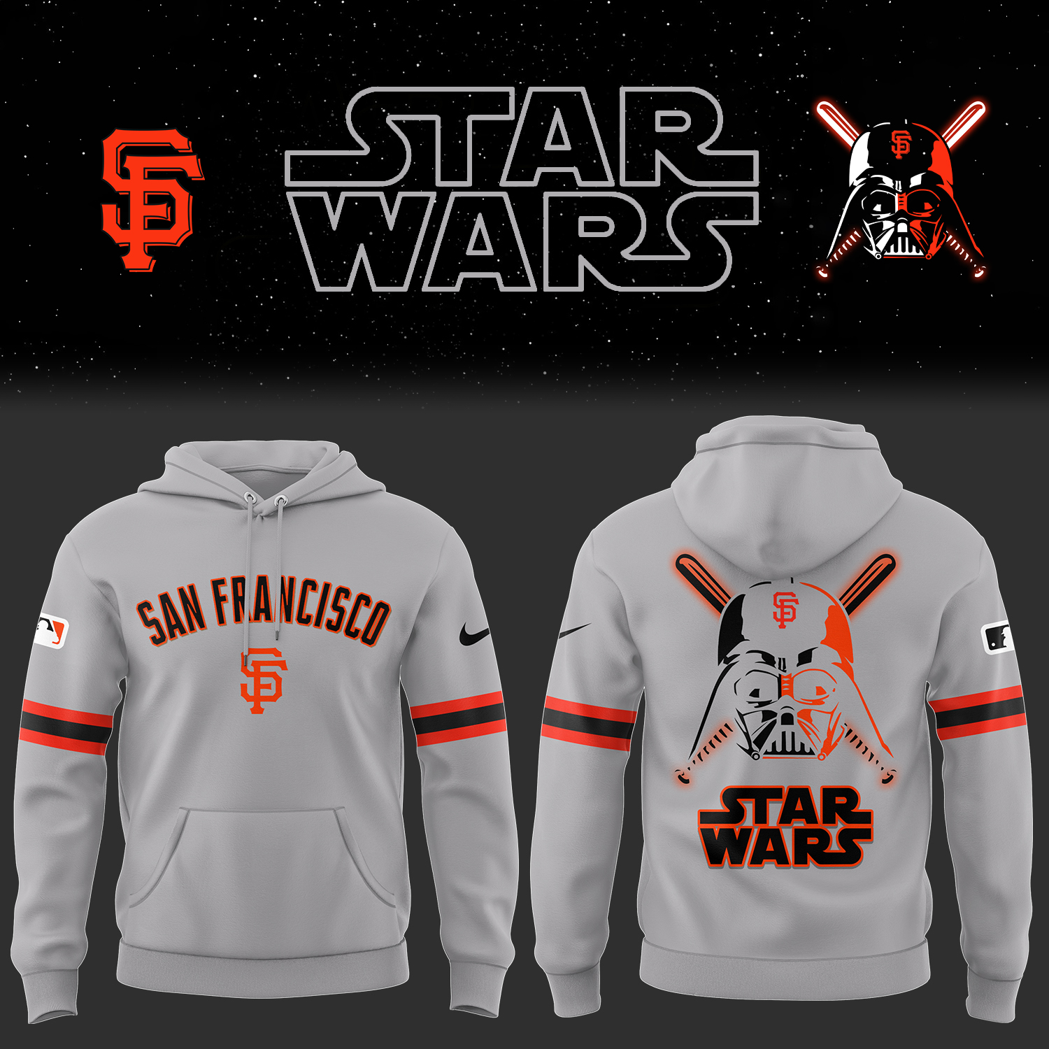 Giants Baseball 2025 Giants X Stars Wars Grey Hoodie Gift Ideas For Baseball Players