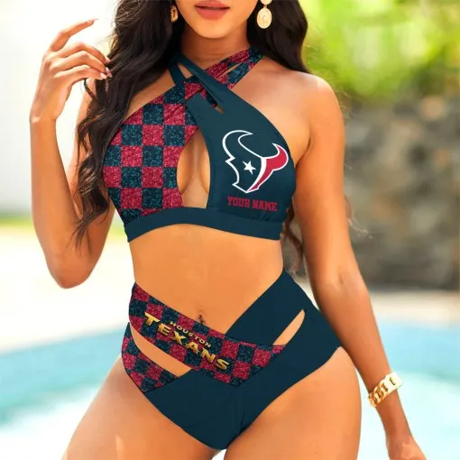 Houston Texans Womens 2Pcs Bikini Swimsuit Criss Cross Cutout Bathing Suit St7902