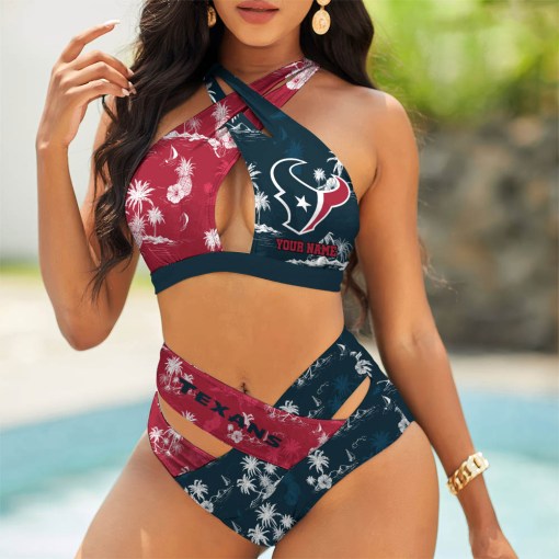 Houston Texans Womens 2Pcs Bikini Swimsuit Criss Cross Cutout Bathing Suit St8883