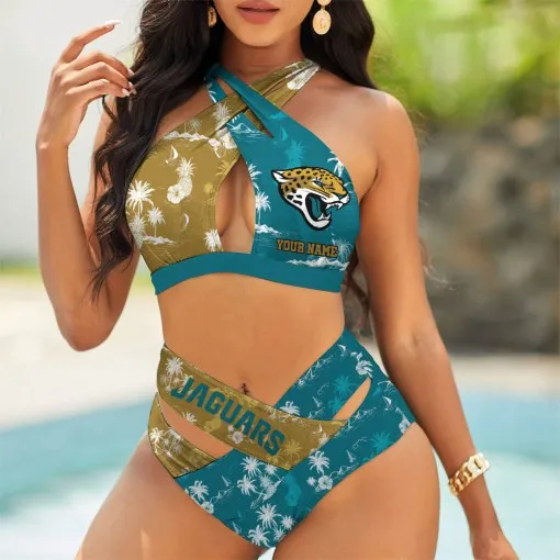 Jacksonville Jaguars Womens 2Pcs Bikini Swimsuit Criss Cross Cutout Bathing Suit St5731