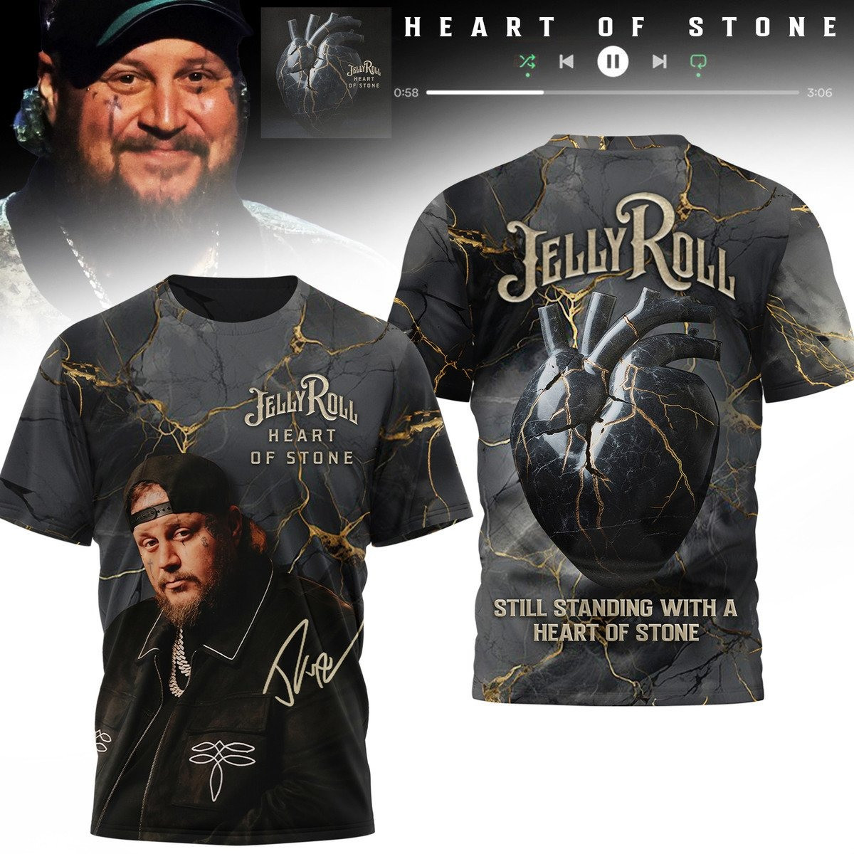 Jelly Roll Heart Of Stone Still Standing With A Heart Of Stone 3D T-Shirt Music Lovers Gifts Oregontrailrvpk Shirt