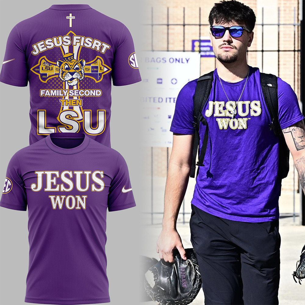 Jesus First Family Second Then LSU Tigers JESUS WON Purple Tshirt Oregontrailrvpk Shirt