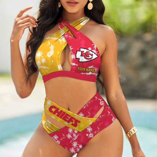 Kansas City Chiefs Womens 2Pcs Bikini Swimsuit Criss Cross Cutout Bathing Suit St1626