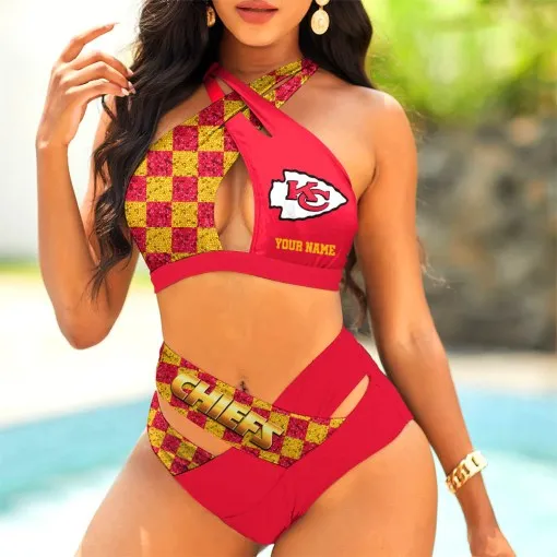 Kansas City Chiefs Womens 2Pcs Bikini Swimsuit Criss Cross Cutout Bathing Suit St6112