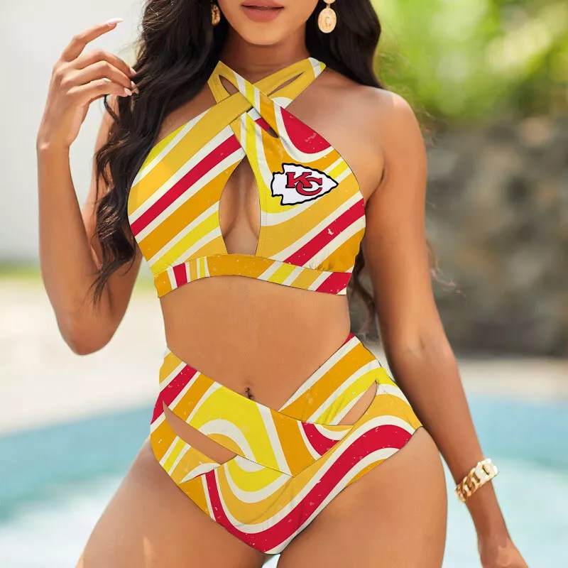 Kansas City Chiefs Womens 2Pcs Bikini Swimsuit Criss Cross Cutout Bathing Suit St6398