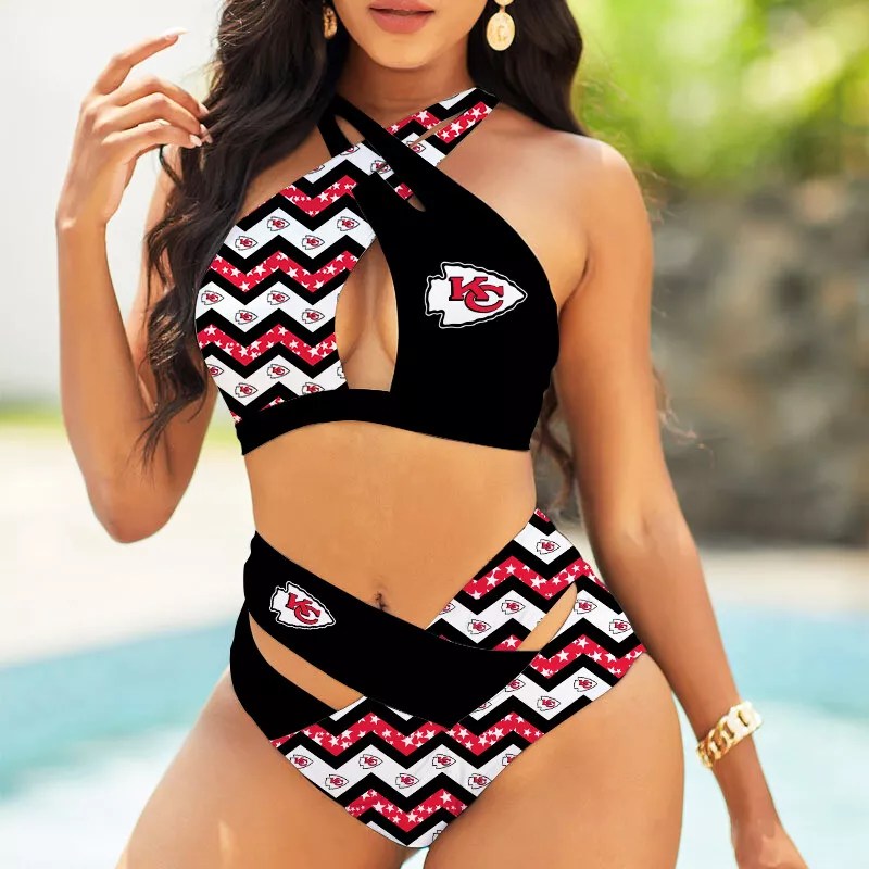 Kansas City Chiefs Womens 2Pcs Bikini Swimsuit Criss Cross Cutout Bathing Suit St6848