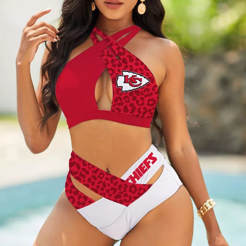 Kansas City Chiefs Womens 2Pcs Bikini Swimsuit Criss Cross Cutout Bathing Suit St8680