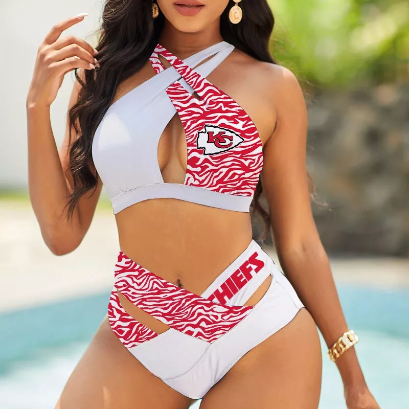 Kansas City Chiefs Womens 2Pcs Bikini Swimsuit Criss Cross Cutout Bathing Suit St9081