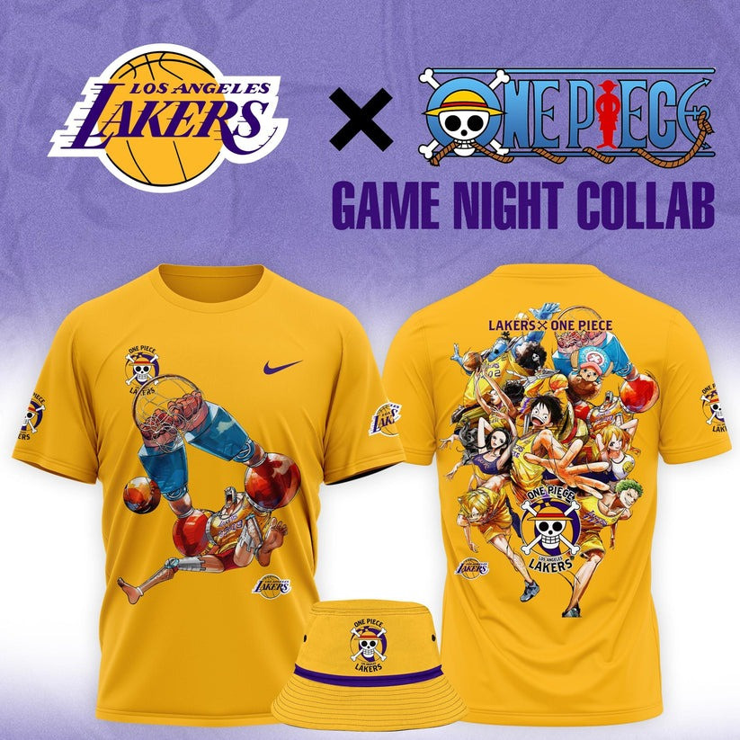 Lakers One Piece Shirt And Bucket Hat NBA Luffy One Piece LA Los Angeles Lakers Collab Merch Oregontrailrvpk Shirt