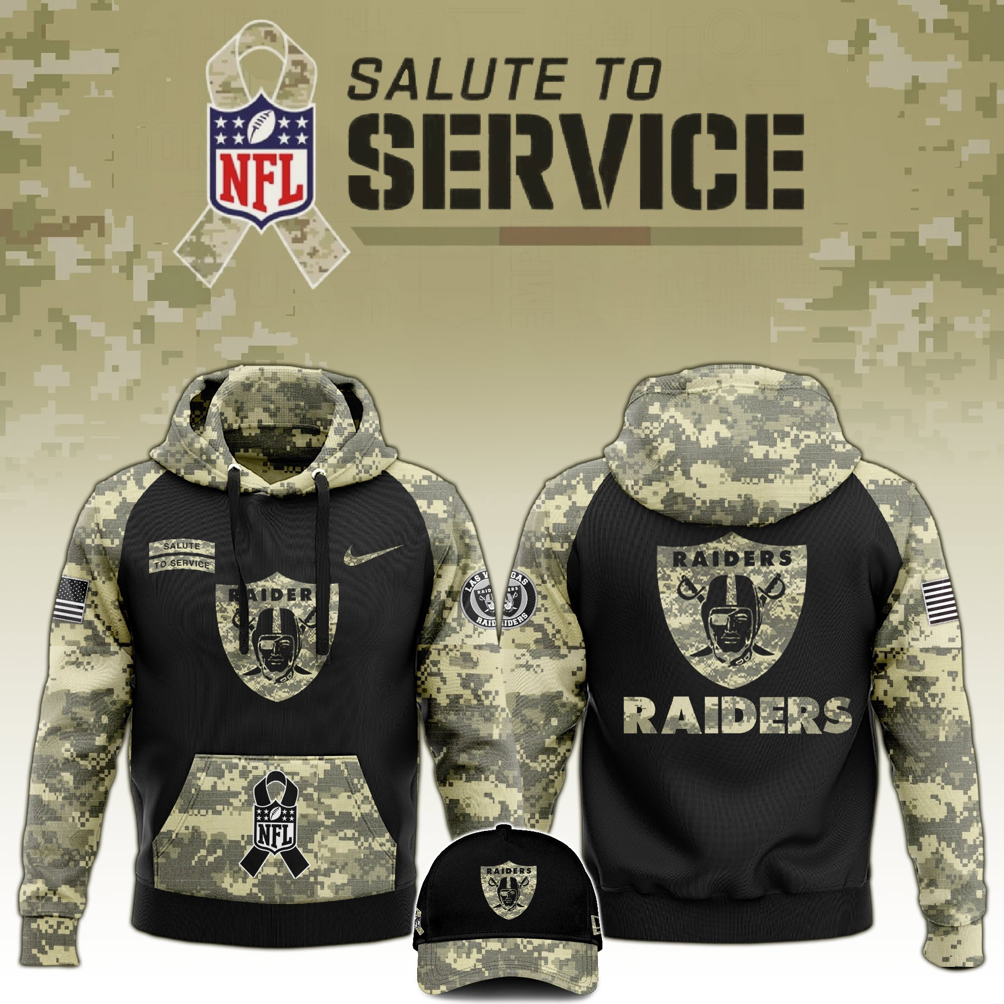 Las Vegas Raiders Salute to Service Club Limited Camo Hoodie And Hat Best Raiders Fans Merch