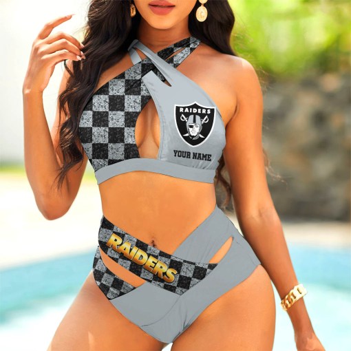 Las Vegas Raiders Womens 2Pcs Bikini Swimsuit Criss Cross Cutout Bathing Suit St4337