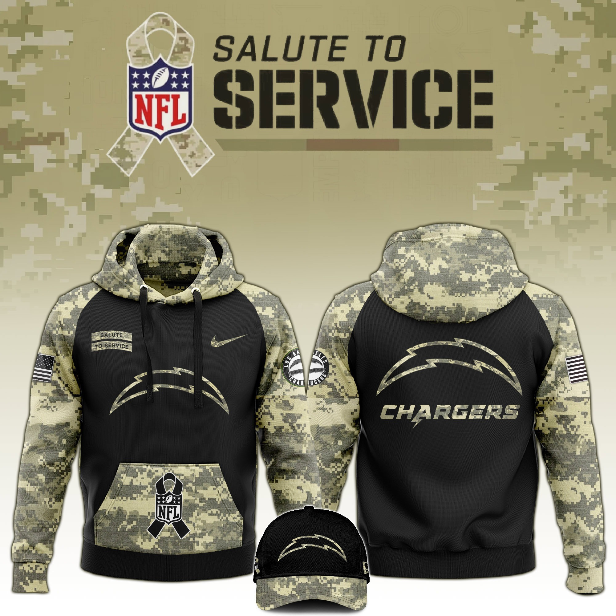 Los Angeles Chargers Salute to Service Club Limited Camo Hoodie And Hat Football Merch