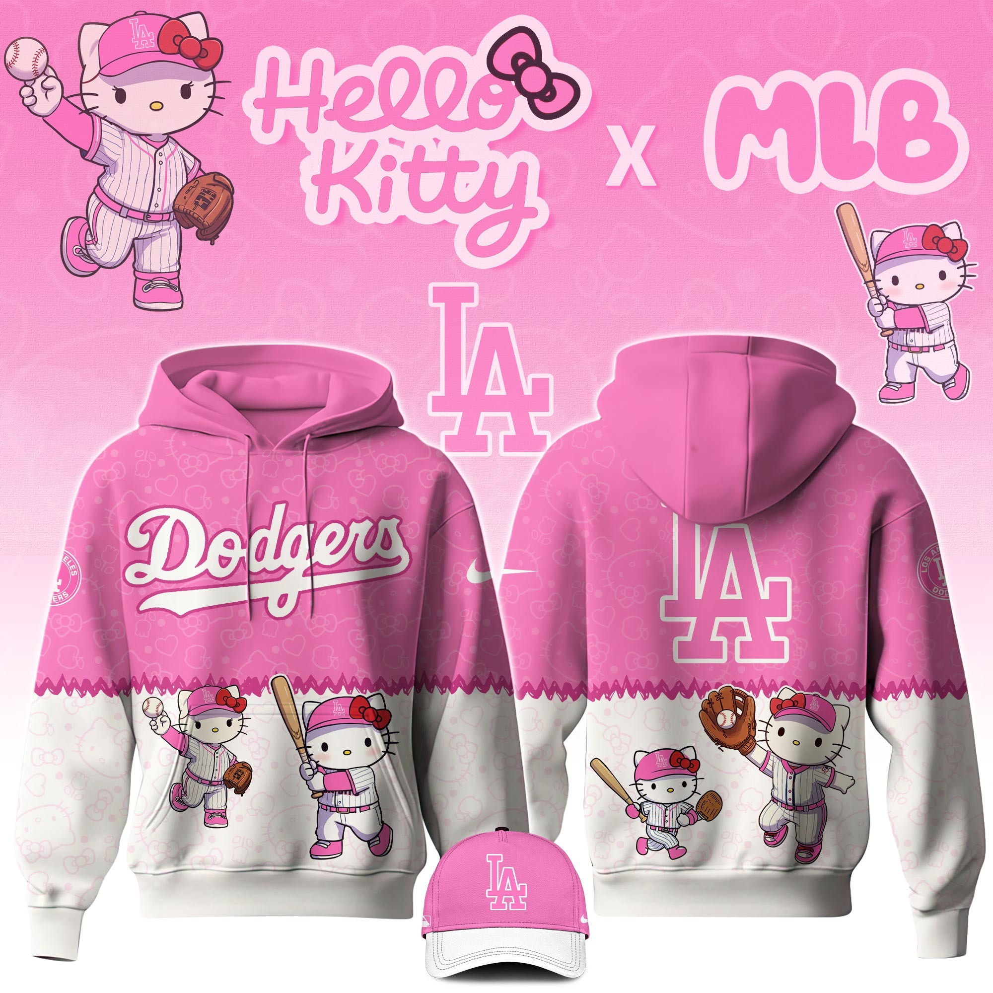 Los Angeles Dodgers MLB Hello Kitty Night Game Hoodie And Hat DodgersFor Her