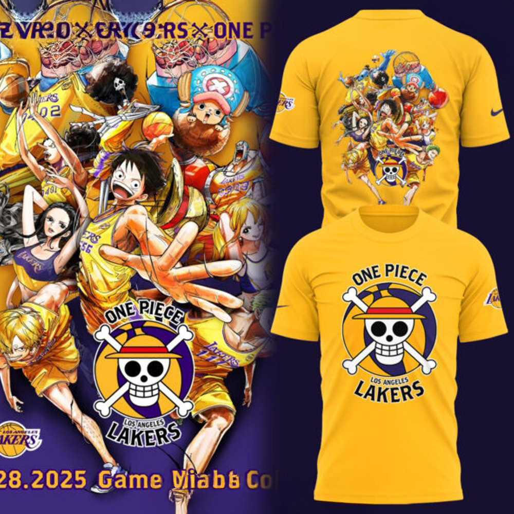 Los Angeles Lakers x One Piece Night 2025 Gold T-Shirt Good Gifts For Basketball Lovers Oregontrailrvpk Shirt