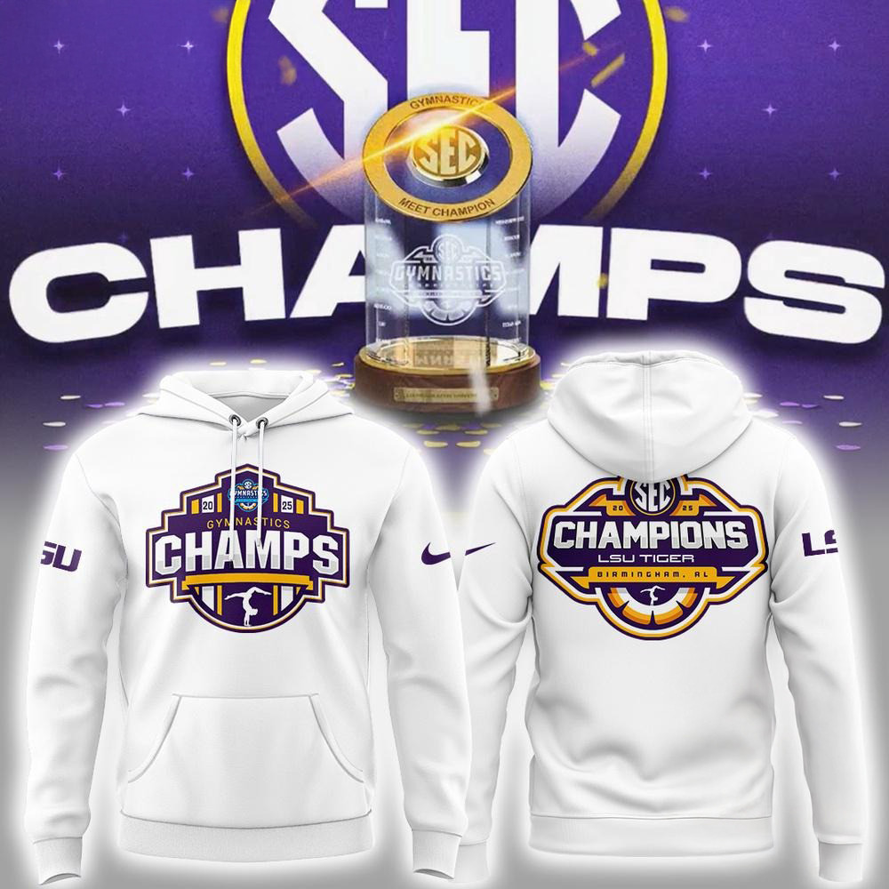 LSU Tigers 2025 SEC Women's Gymnastics Champions White Hoodie Football Themed Gifts