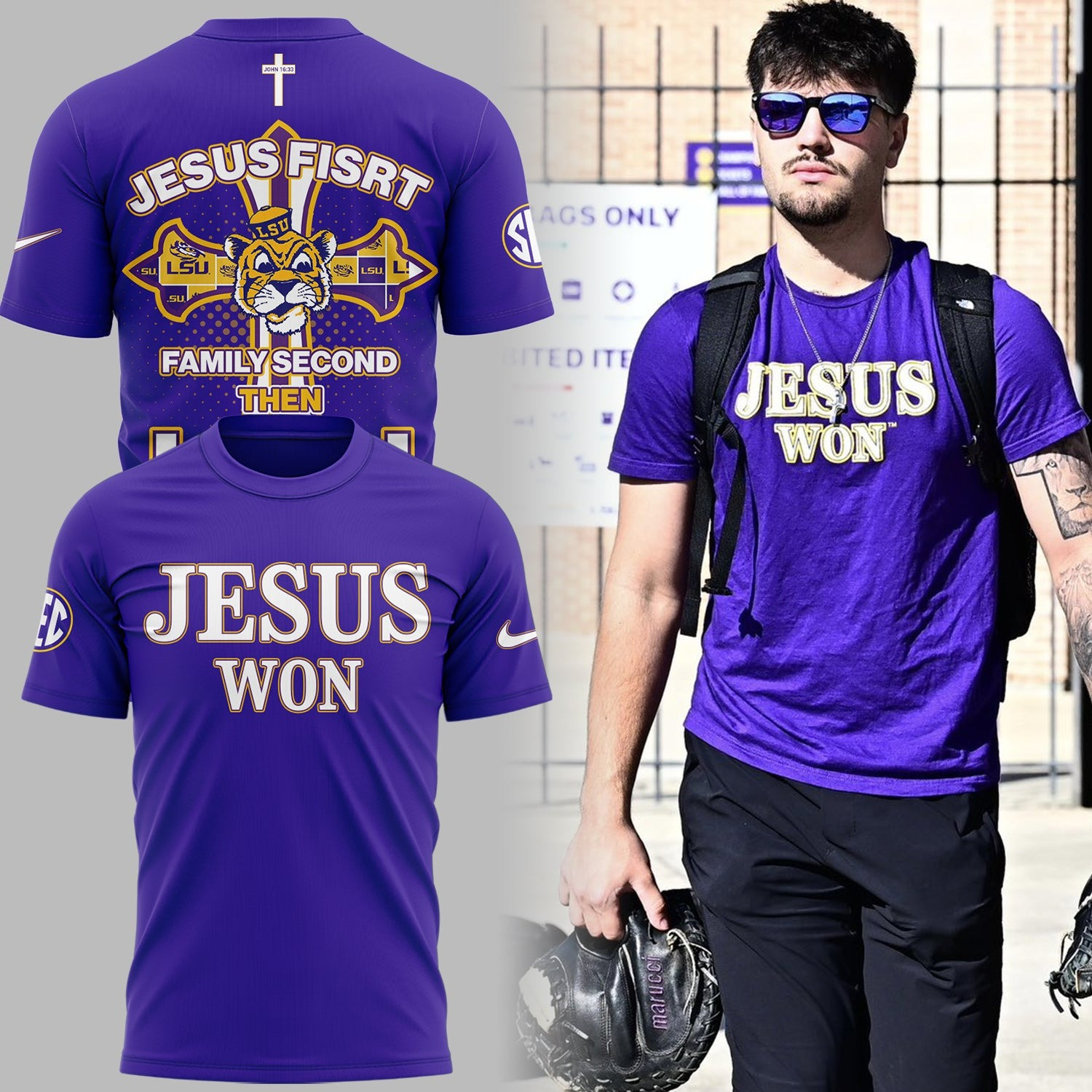 LSU Tigers Jesus Won First Purple T-Shirt Good Oregontrailrvpk Shirt