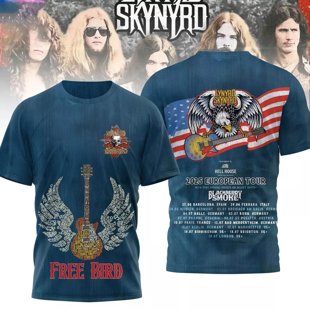 Lynyrd Skynyrd Free Bird 2025 European Tour 3D T-Shirt Music Gift Ideas For Guys Oregontrailrvpk Shirt