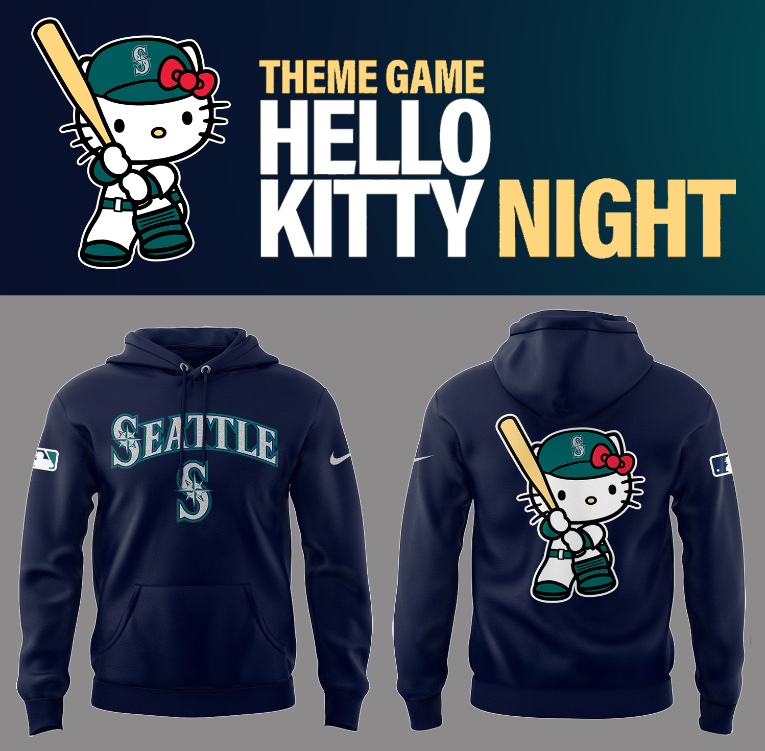 Mariners Baseball 2025 Mariners x Hello Kitty Navy Hoodie Best Baseball Gifts Ideas