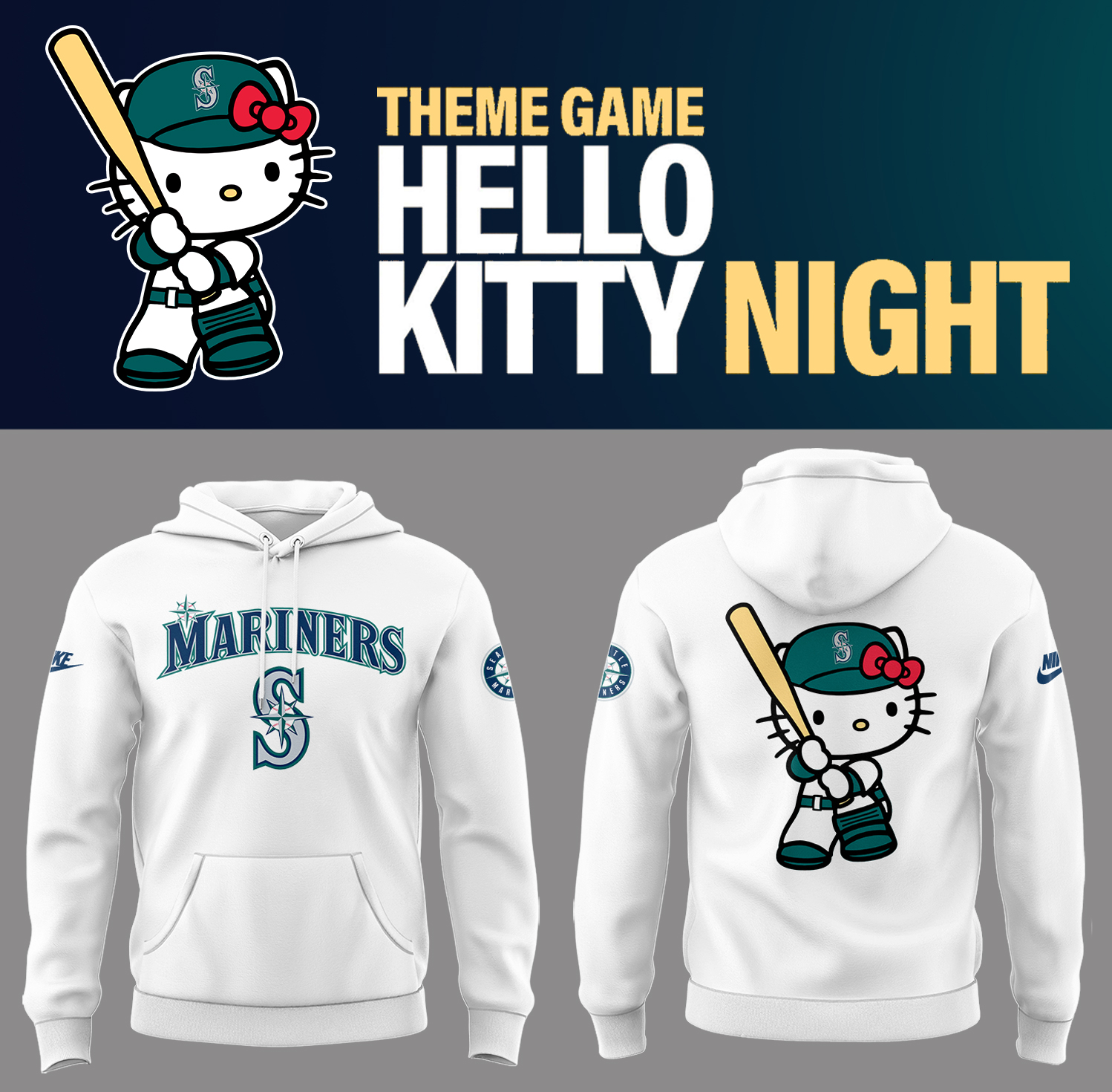 Mariners Baseball 2025 Mariners x Hello Kitty White Hoodie Baseball Coach Gift Ideas