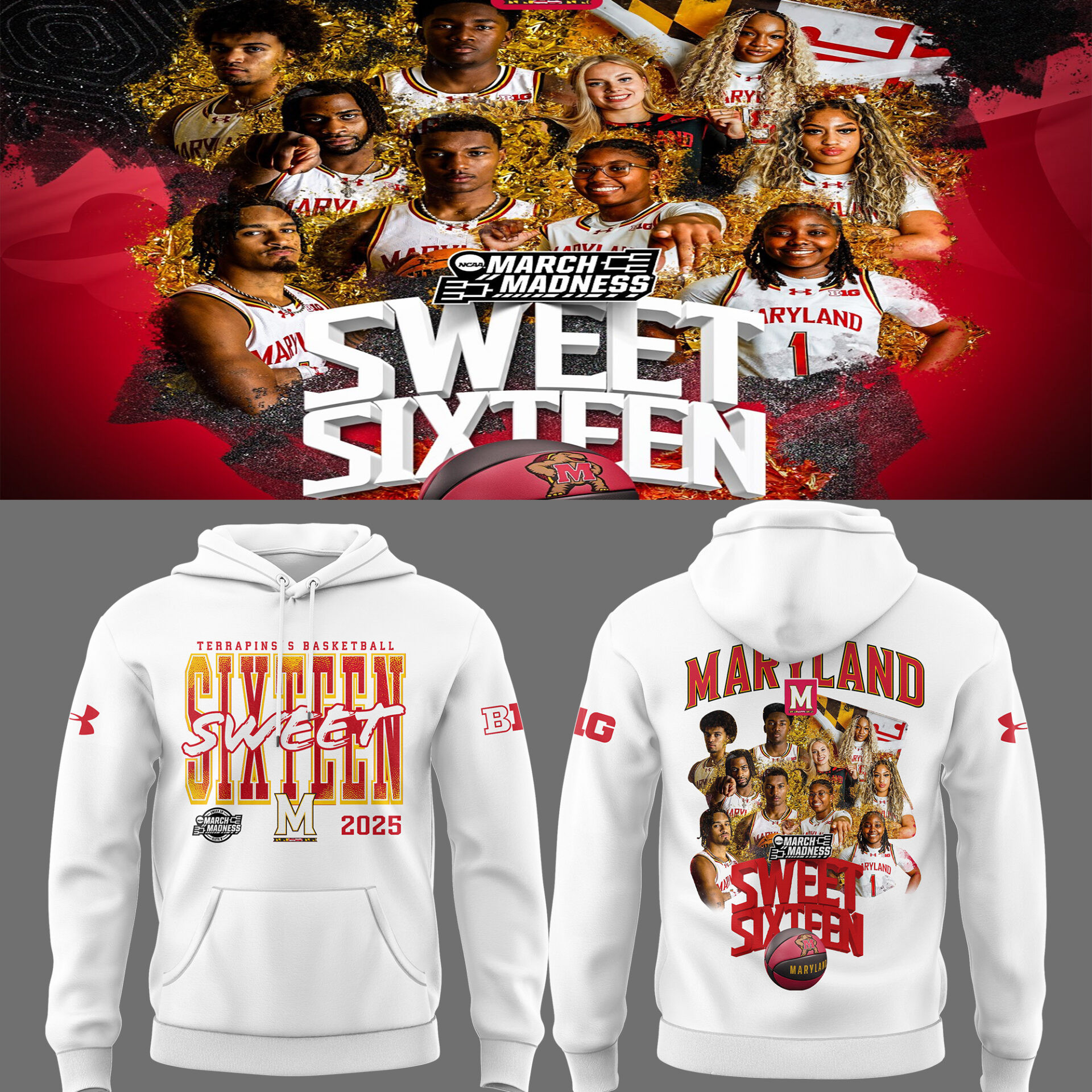 Maryland Sweet Sixteen March Madness 2025 White Hoodie Gifts For Him