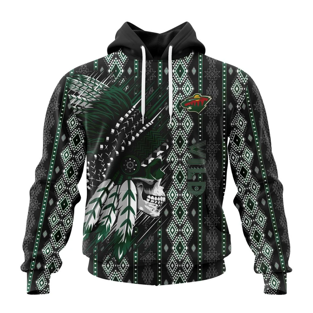 Minnesota Wild Special Skull Native Design All Over Print Hoodie Style 94887