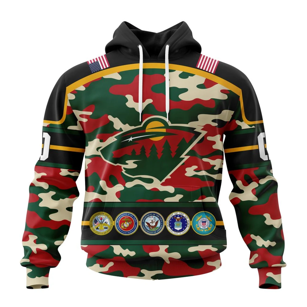 Minnesota Wild Specialized Design Wih Camo Team Color And Military Force Logo All Over Print Hoodie Style 84742