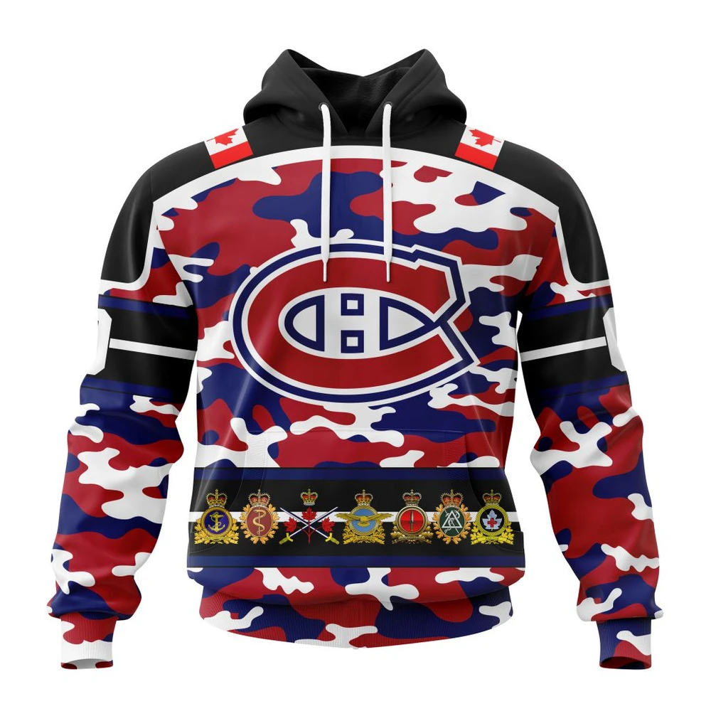 Montreal Canadiens Specialized Design Wih Camo Team Color And Military Force Logo All Over Print Hoodie Style 34077