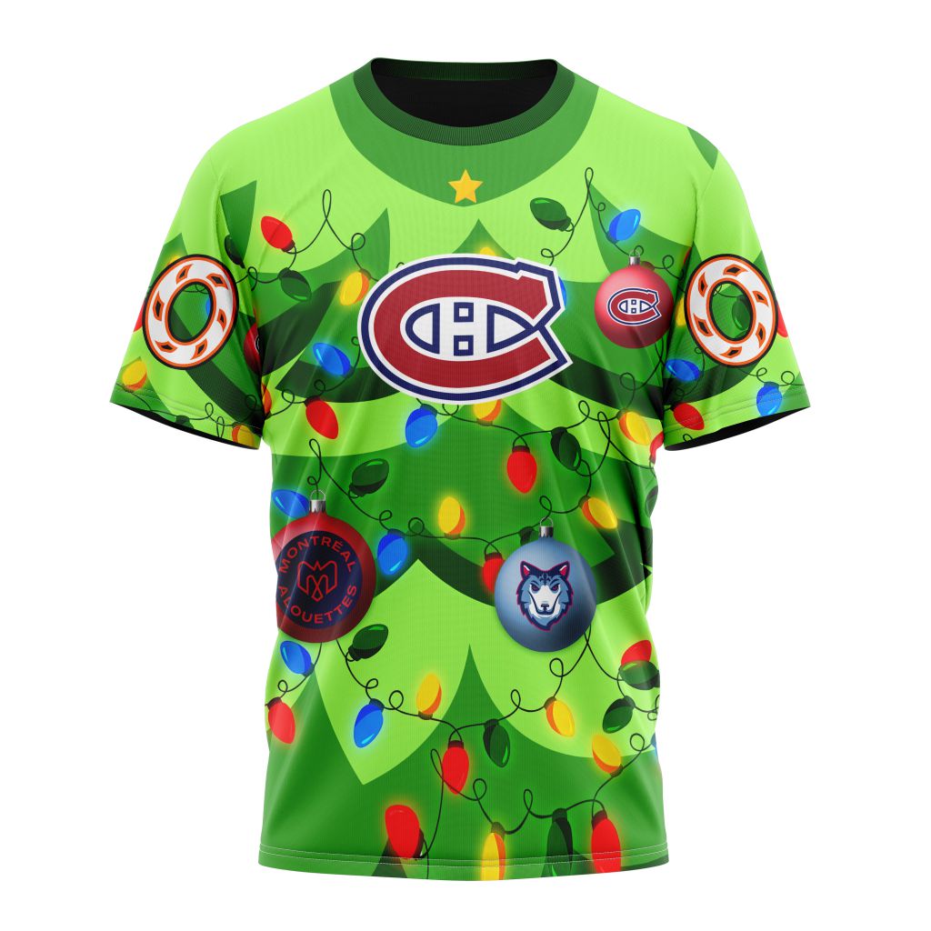 Montreal Canadiens Specialized Unisex Kits With Unisex Kits With Christmass Tree Color And City's Sport Teams Personalized Name And Number T-Shirt Oregontrailrvpk Shirt