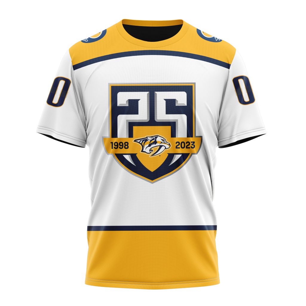 Nashville Predators 2023 Away With 25th Anniversary Logo Personalized Name And Number T-Shirt Oregontrailrvpk Shirt