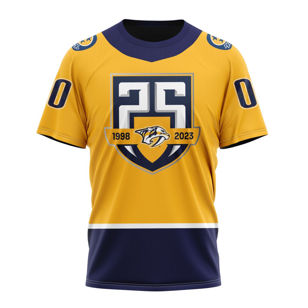 Nashville Predators 2023 Home With 25th Anniversary Logo Personalized Name And Number T-Shirt Oregontrailrvpk Shirt