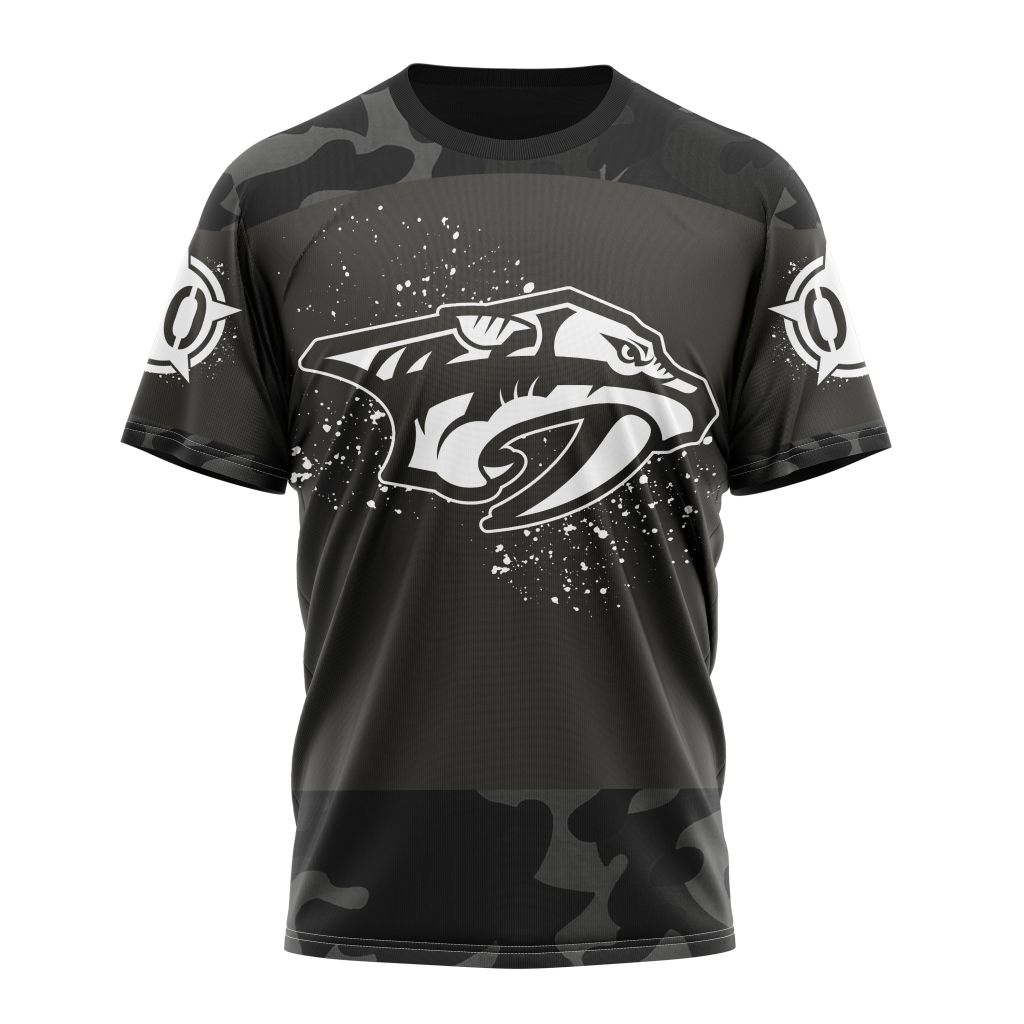 Nashville Predators Special Black Camo Design For Veterans Day Personalized Name And Number T-Shirt Oregontrailrvpk Shirt