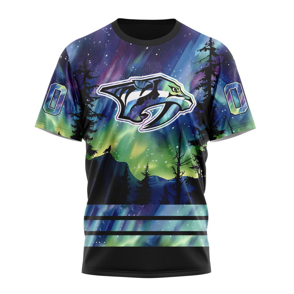 Nashville Predators Special Design With Northern Lights 01 Personalized Name And Number T-Shirt Oregontrailrvpk Shirt