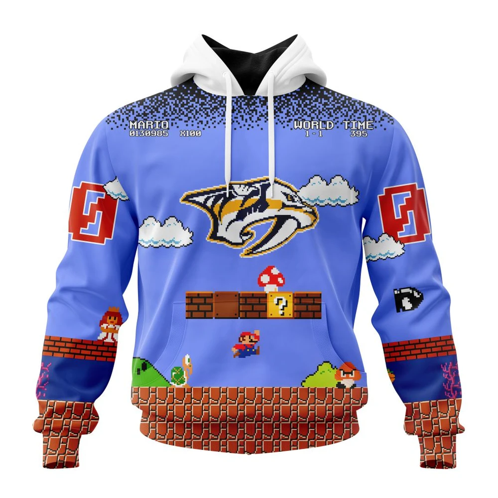 Nashville Predators Special Kits With Super Mario Game Design All Over Print Hoodie Style 33825