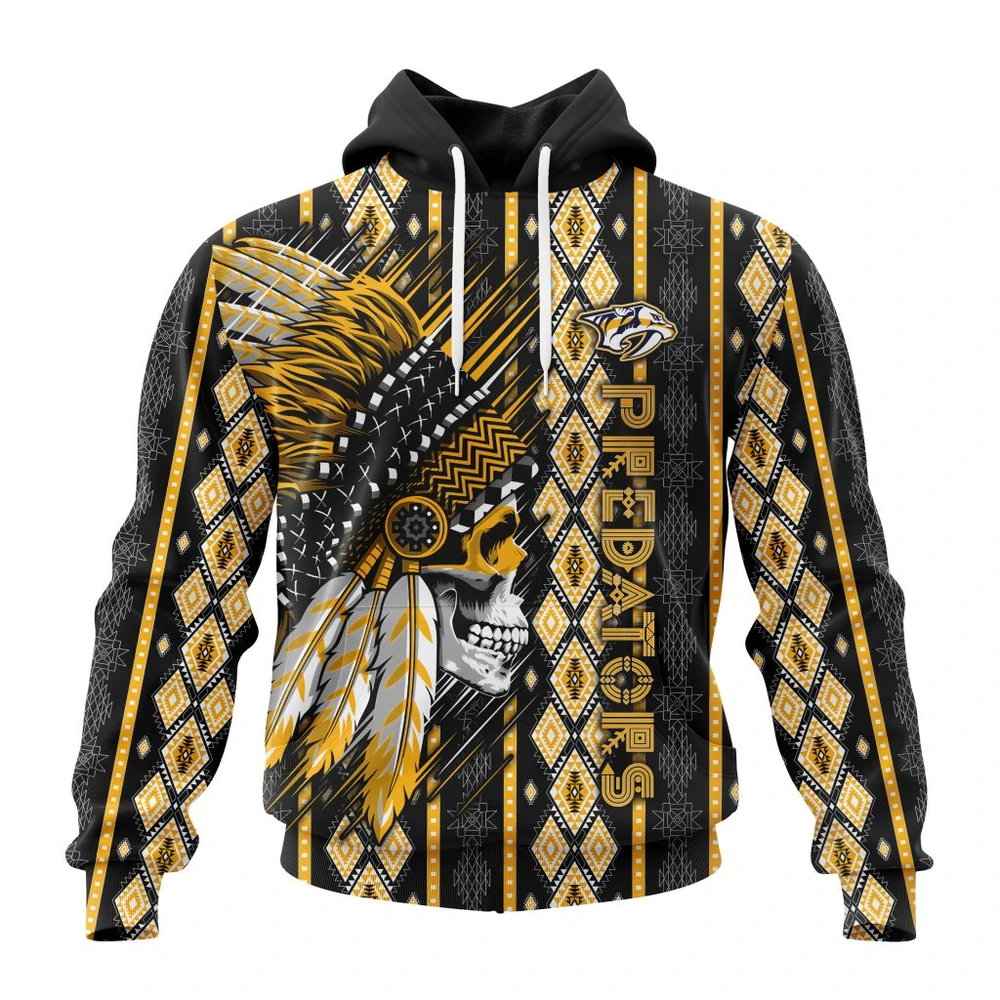 Nashville Predators Special Skull Native Design All Over Print Hoodie Style 16432