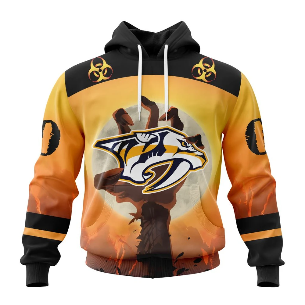 Nashville Predators Special Zombie Design For Halloween All Over Print Hoodie Style 91858