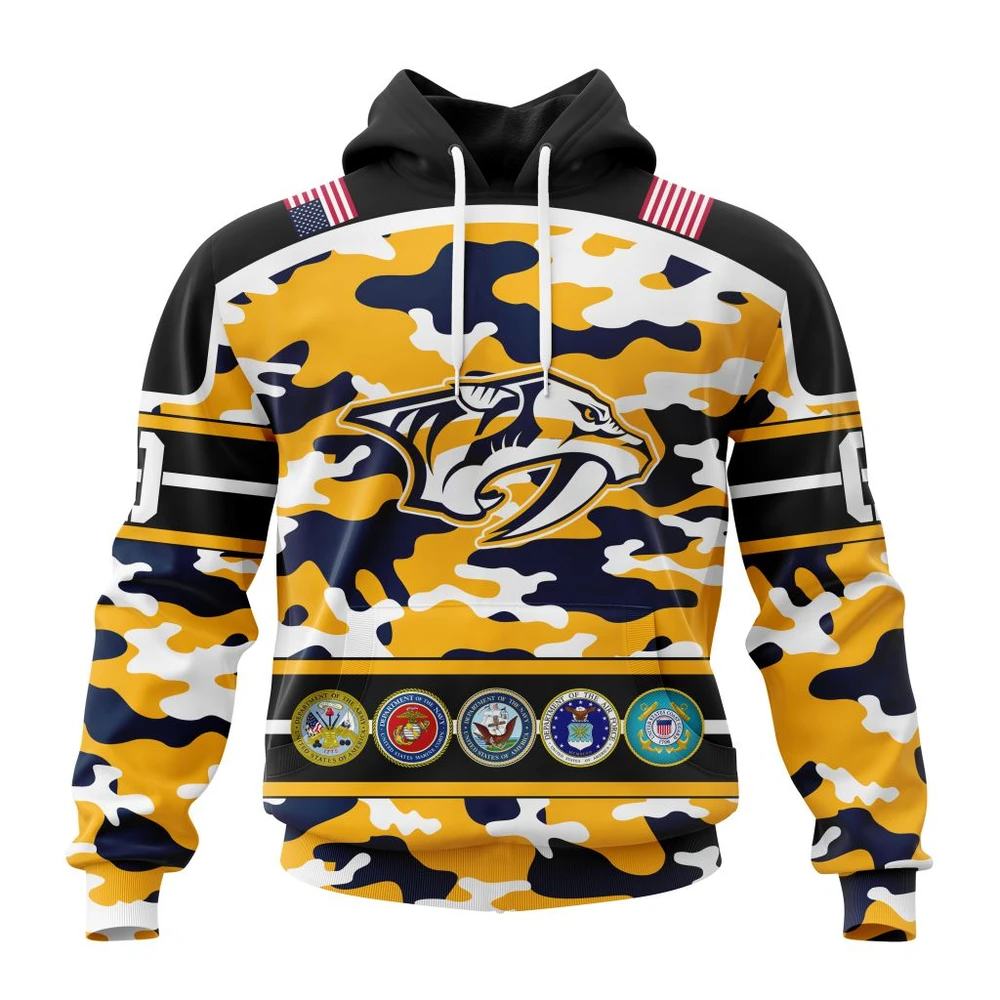 Nashville Predators Specialized Design Wih Camo Team Color And Military Force Logo All Over Print Hoodie Style 85022