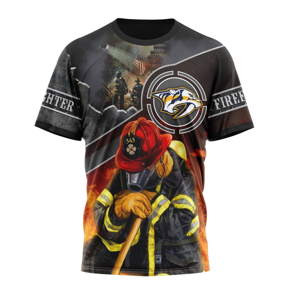 Nashville Predators Specialized Kits To Honor FireFighter In Patriot Day We Will Never Forget Personalized Name And Number T-Shirt Oregontrailrvpk Shirt