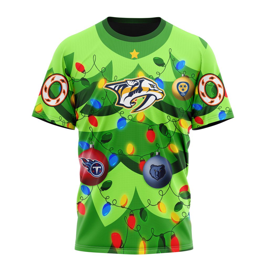 Nashville Predators Specialized Unisex Kits With Unisex Kits With Christmass Tree Color And City's Sport Teams Personalized Name And Number T-Shirt Oregontrailrvpk Shirt