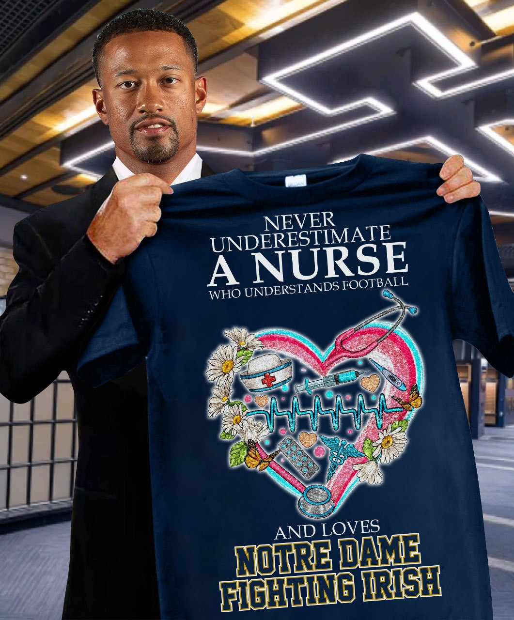 Never Underestimate A Nurse Who Understands Football And Loves Notre Dame T-Shirt Fan Merch Oregontrailrvpk Shirt