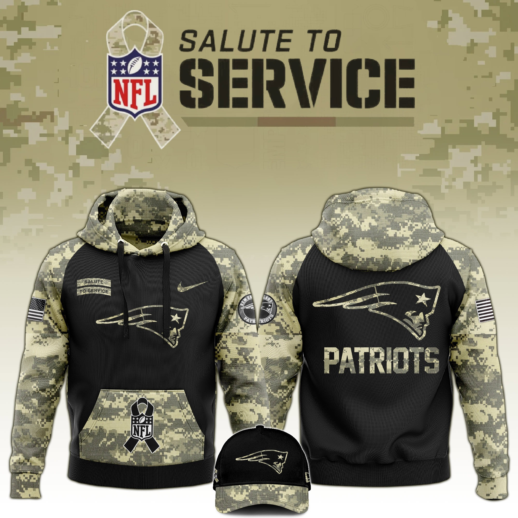 New England Patriots Salute to Service Club Limited Camo Hoodie And Hat NFL Fan Merch